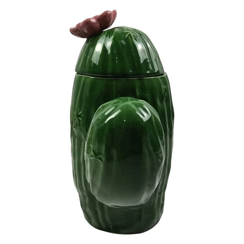 Green Ceramic Cactus Cookie Jar Pink Flower Lid Saguaro Desert Kitchen Decor